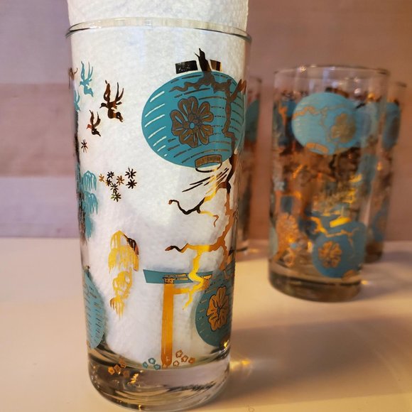 Set of 4 Vtg Dominion MCM Highball Tumbler Asian Turquoise Gold Drinking Glasses - Picture 5 of 15